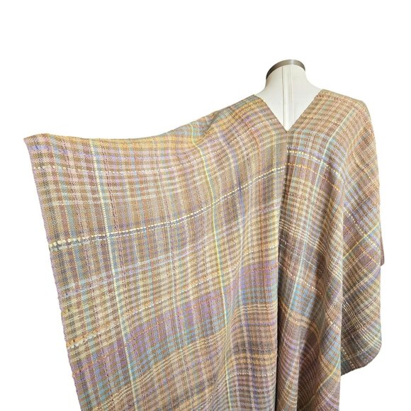 Laise Adzer Handwoven Plaid Cape Shawl Pastel Tan Multicolor Ribbon CM2057 - Picture 9 of 11